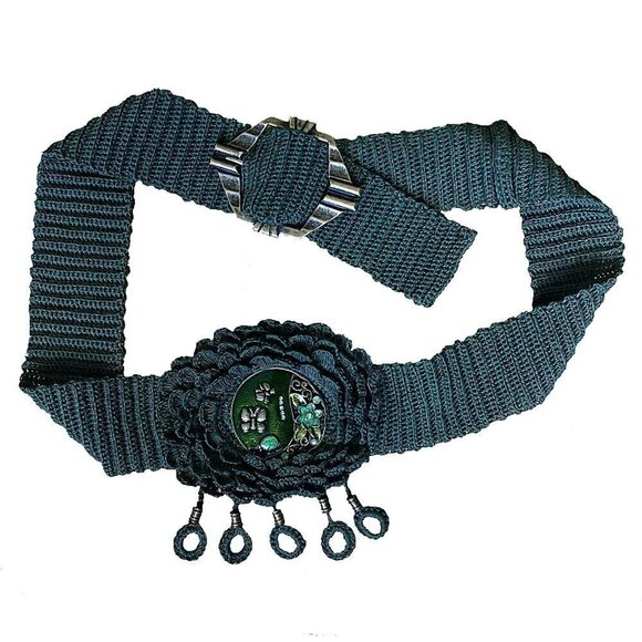 Vintage Accessories - Vintage Crochet Knitted Boho Belt Green Wide